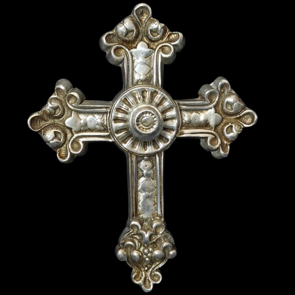 Vintage Ornate Cross Aluminum Metal Wall Hanging Embossed Home Decor Large 14"